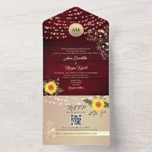 Bourgogne Rustic String Lights Zonnebloem Huwelijk All In One Uitnodiging (Binnen)