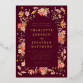 Bourgogne Rustieke Bloemboog Fall Bruiloftsgoud Folie Uitnodiging (Voorkant)