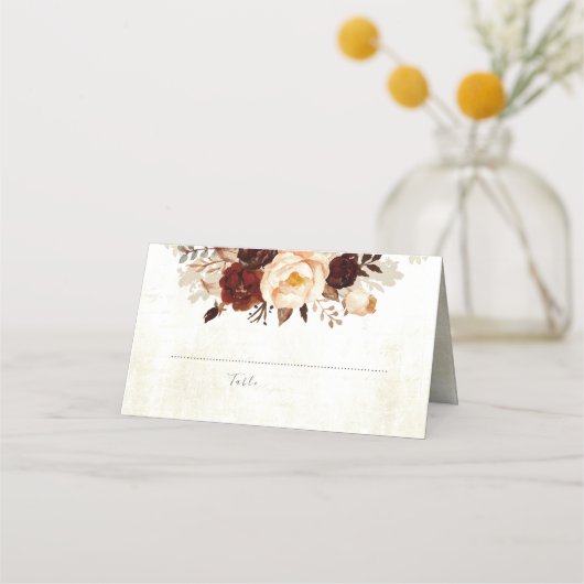Bourgogne rustieke bloemen bruiloft plaatskaartje (Voorkant)