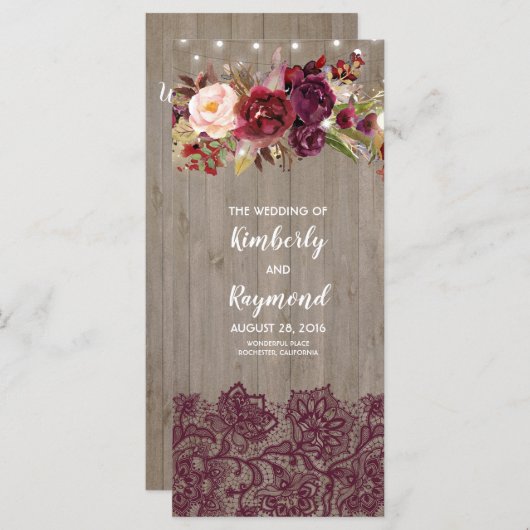 Bourgogne Rustieke Bloemen Trouwprogramma's Programmakaart (Voorkant / Achterkant)