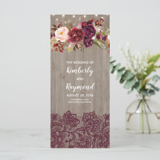 Bourgogne Rustieke Bloemen Trouwprogramma's Programmakaart (Staand voorkant)