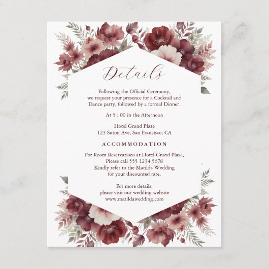 Bourgogne rustieke bloemen Waterverf bruiloft deta Informatiekaartje (Voorkant)