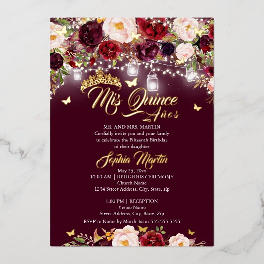 Bourgogne rustieke bloemenvlinder Quinceanera Folie Uitnodiging (Voorkant)