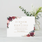 Bourgogne rustieke boho bloemen bruiloft receptie informatiekaartje (Staand voorkant)