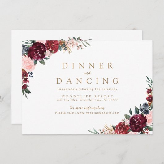 Bourgogne rustieke boho bloemen bruiloft receptie informatiekaartje (Voorkant / Achterkant)