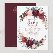 Bourgogne rustieke boho floral baby shower kaart (Voorkant / Achterkant)