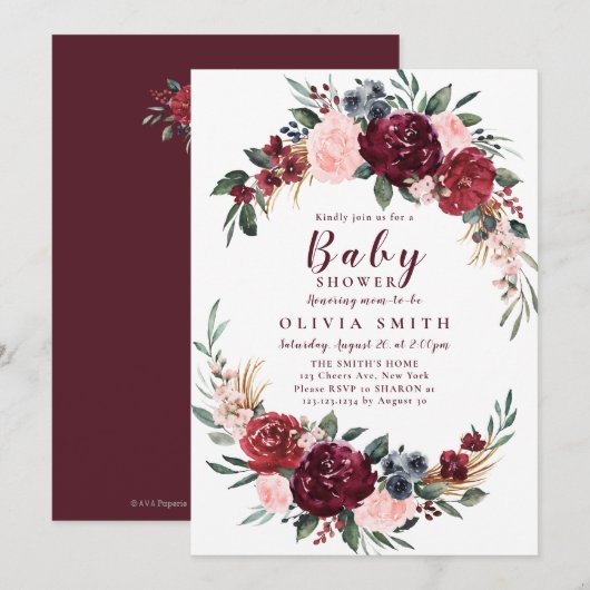 Bourgogne rustieke boho floral baby shower kaart (Voorkant / Achterkant)