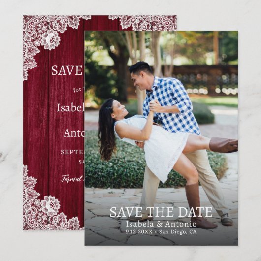 Bourgogne Rustieke Country Wood Lace Trouwfoto Save The Date (Voorkant / Achterkant)