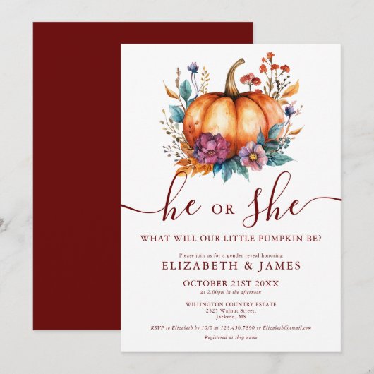 Bourgogne Rustieke Herfst Bloemen Pompoen Geslacht Kaart (Voorkant / Achterkant)