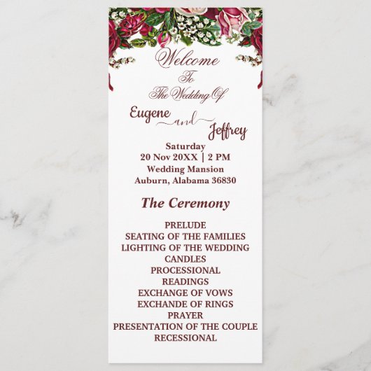 Bourgogne rustieke Rozen land bloementhema bruilof Programmakaart (Voorkant)