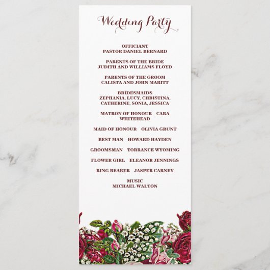 Bourgogne rustieke Rozen land bloementhema bruilof Programmakaart (Achterkant)