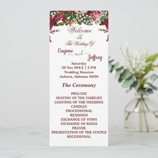 Bourgogne rustieke Rozen land bloementhema bruilof Programmakaart (Staand voorkant)