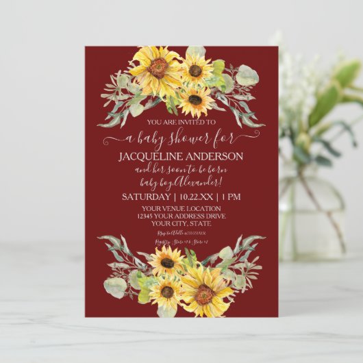 Bourgogne rustieke zonnebloem rijden door Boy Baby Kaart (Staand voorkant)