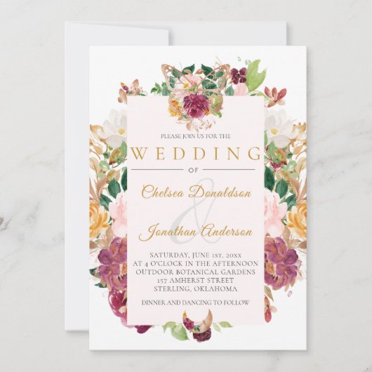 Bourgogne, Saffraan, Roze Waterverf Bloemen Lijst Kaart (Voorkant)