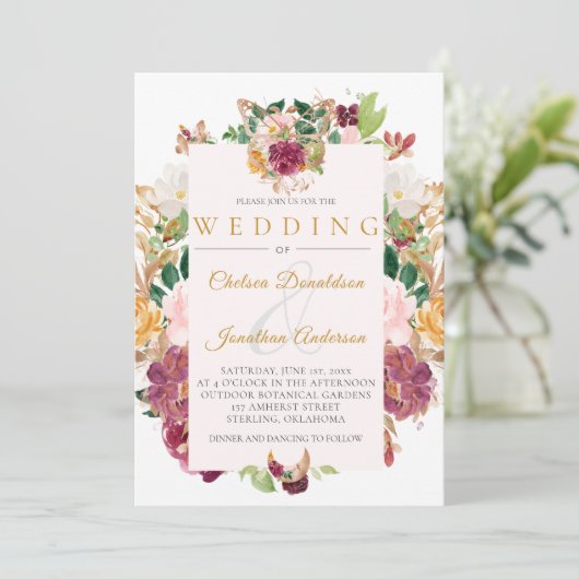 Bourgogne, Saffraan, Roze Waterverf Bloemen Lijst Kaart (Staand voorkant)