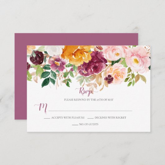 Bourgogne Saffron Blush Mauve Rustieke Bloemen RSV RSVP Kaartje (Voorkant / Achterkant)
