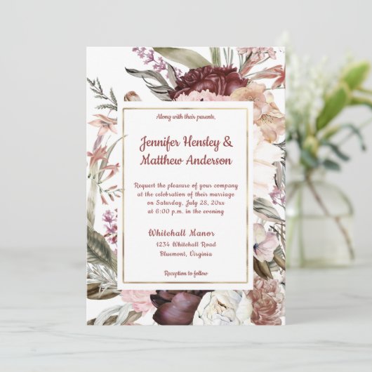 Bourgogne Sandy Peach Dusty Roos Bloemenbruiloft Kaart (Staand voorkant)