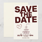 Bourgogne Save the Date Illustration Invitation Kaart (Voorkant / Achterkant)