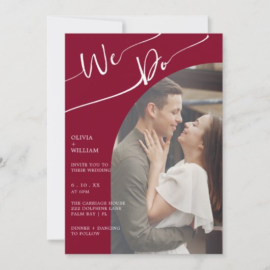 Bourgogne Script QR foto bruiloft uitnodiging (Voorkant)