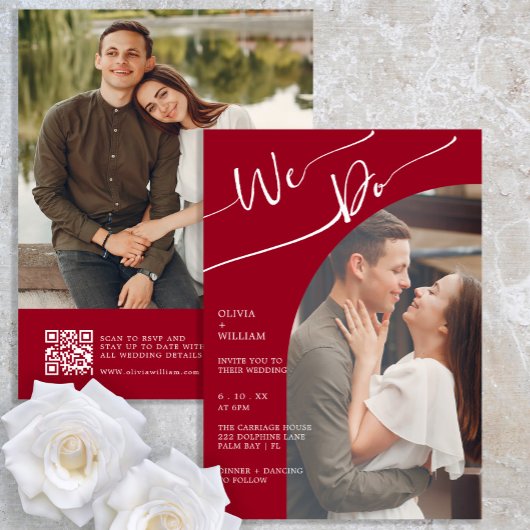 Bourgogne Script QR foto bruiloft uitnodiging