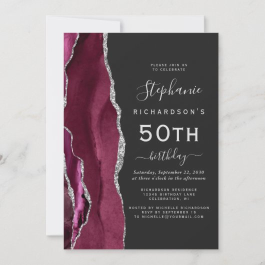 Bourgogne Silver Agate Dark 50th Birthday Party Kaart (Voorkant)