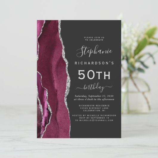 Bourgogne Silver Agate Dark 50th Birthday Party Kaart (Staand voorkant)