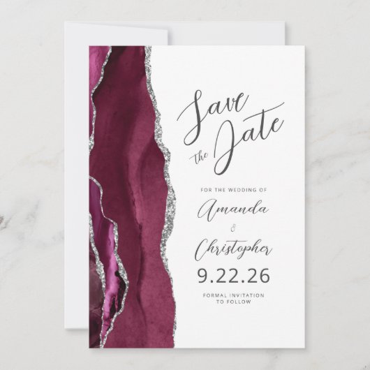 Bourgogne Silver Agate Script Save the Date Aankondiging (Voorkant)