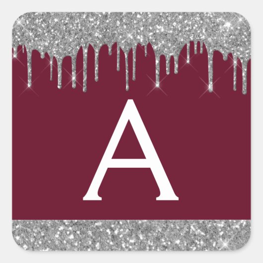Bourgogne Silver Sparkle Glitter Monogram Vierkante Sticker (Voorkant)