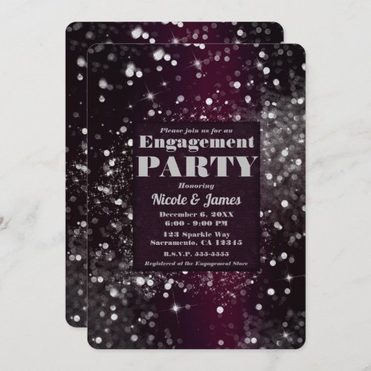Bourgogne Silver Sparkling Lights Glam Verloving Kaart (Voorkant / Achterkant)