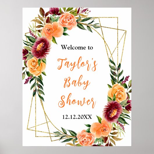 Bourgogne Sinaasappel Bloemen Baby shower Welkomst Poster (Voorkant)