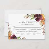 Bourgogne Sinaasappel Bloemen Bruiloft Maaltijd Ke RSVP Kaartje (Voorkant)