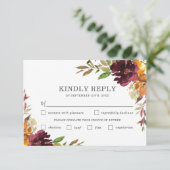 Bourgogne Sinaasappel Bloemen Bruiloft Maaltijd Ke RSVP Kaartje (Staand voorkant)