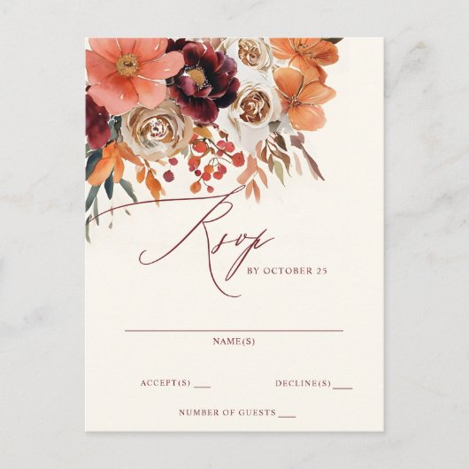 Bourgogne Sinaasappel Bloemen Fall Wedding RSVP Briefkaart (Voorkant)