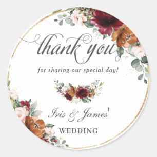 Bourgogne Sinaasappel Bloemen Goud Bruiloft Dank u Ronde Sticker