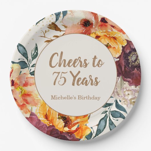 Bourgogne Sinaasappel Bloemen Goud juicht 75 jaar Papieren Bordje (Voorkant)
