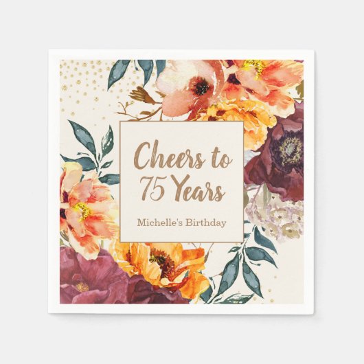 Bourgogne Sinaasappel Bloemen Goud juicht 75 jaar Servet (Voorkant)