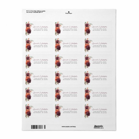 Bourgogne Sinaasappel Bloemen Huwelijk RSVP Adres Etiket (Full Sheet)