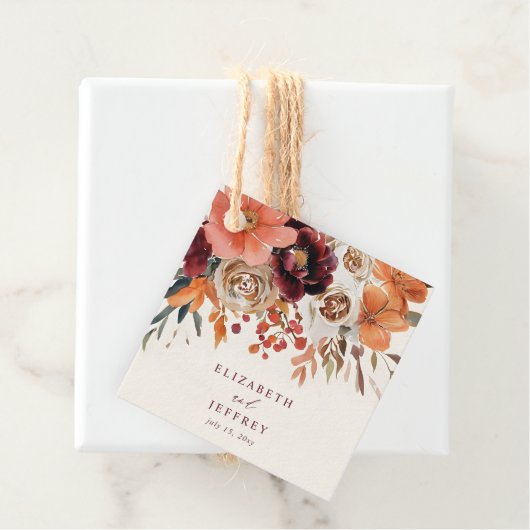 Bourgogne Sinaasappel Floral Fall Wedding Bedankjes Labels (In situ)