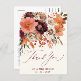 Bourgogne Sinaasappel Floral Fall Wedding Dank u Briefkaart