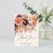 Bourgogne Sinaasappel Floral Fall Wedding Dank u Briefkaart (Staand voorkant)
