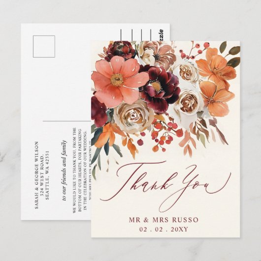 Bourgogne Sinaasappel Floral Fall Wedding Dank u Briefkaart (Voorkant / Achterkant)