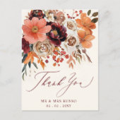 Bourgogne Sinaasappel Floral Fall Wedding Dank u Briefkaart (Voorkant)