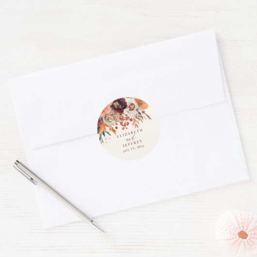 Bourgogne Sinaasappel Floral Fall Wedding Ronde Sticker (Envelop)