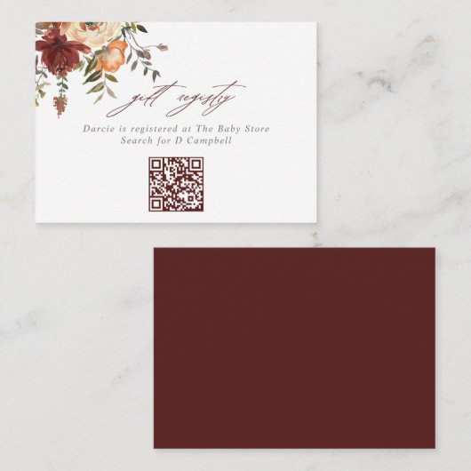 Bourgogne & Sinaasappel Floral QR Code Gift Regist Informatiekaartje (Voorkant / Achterkant)