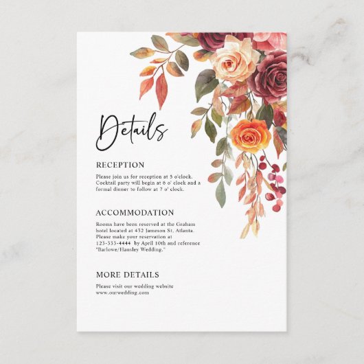 Bourgogne Sinaasappel Herfst Elegante Trouwdetails Informatiekaartje (Voorkant)