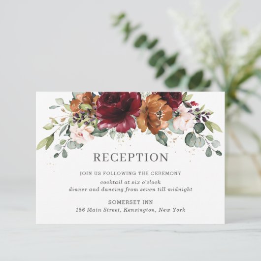 Bourgogne Sinaasappel Ivoor Bloemen Bruiloft Recep Informatiekaartje (Staand voorkant)