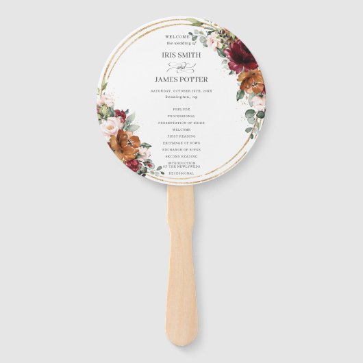 Bourgogne Sinaasappel Ivoor Bloemen Goud Bruiloft  Handwaaier (Voorkant)