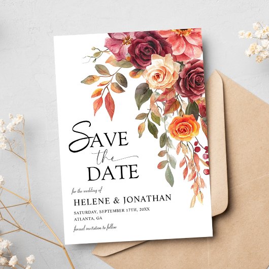 Bourgogne Sinaasappel Roest Bloemen Elegante Fall  Save The Date