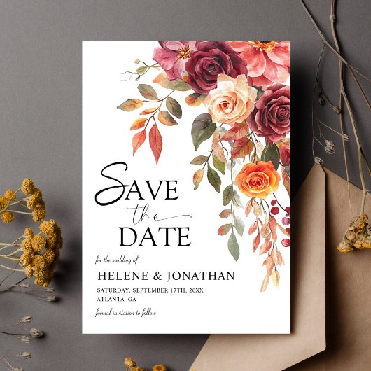 Bourgogne Sinaasappel Roest Bloemen Elegante Fall  Save The Date