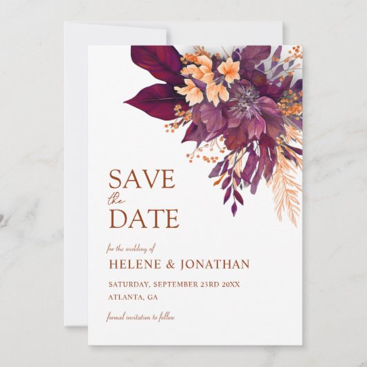 Bourgogne Sinaasappel Terracotta Floral Elegant Hu Save The Date (Voorkant)